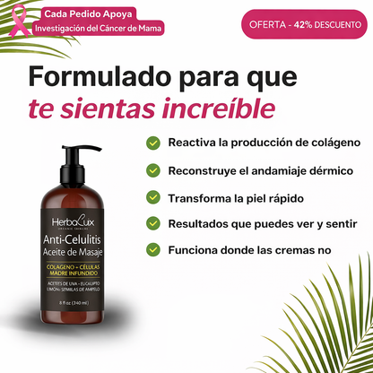 Aceite de masaje anticelulitis infundido con colágeno y células madre. Todos los aceites esenciales naturales. Tratamiento que reafirma los tonos, regenera y humecta los tejidos grasos no deseados - Bote de vidrio