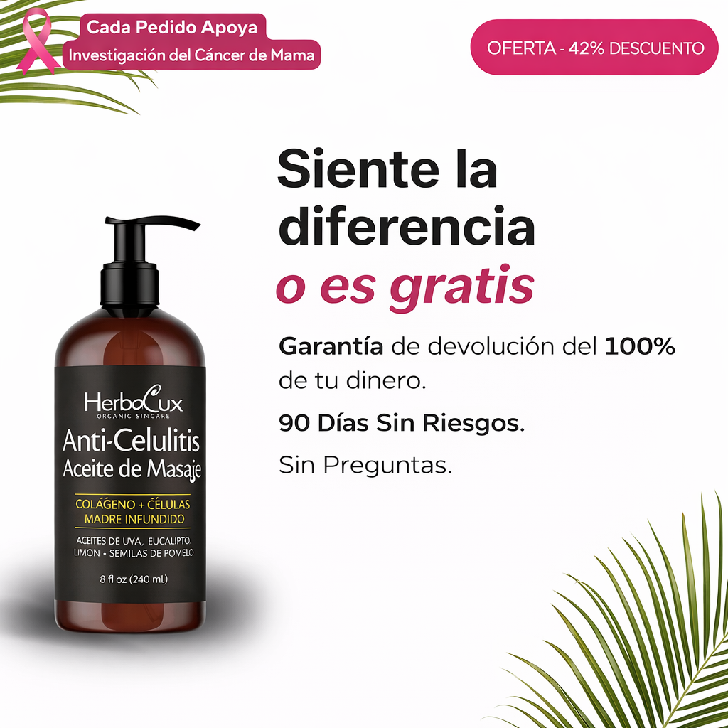 Aceite de masaje anticelulitis infundido con colágeno y células madre. Todos los aceites esenciales naturales. Tratamiento que reafirma los tonos, regenera y humecta los tejidos grasos no deseados - Bote de vidrio
