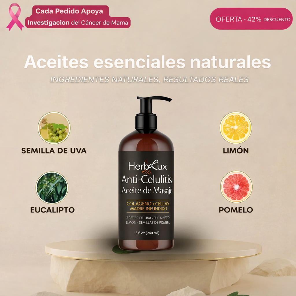 Aceite de masaje anticelulitis infundido con colágeno y células madre. Todos los aceites esenciales naturales. Tratamiento que reafirma los tonos, regenera y humecta los tejidos grasos no deseados - Bote de vidrio