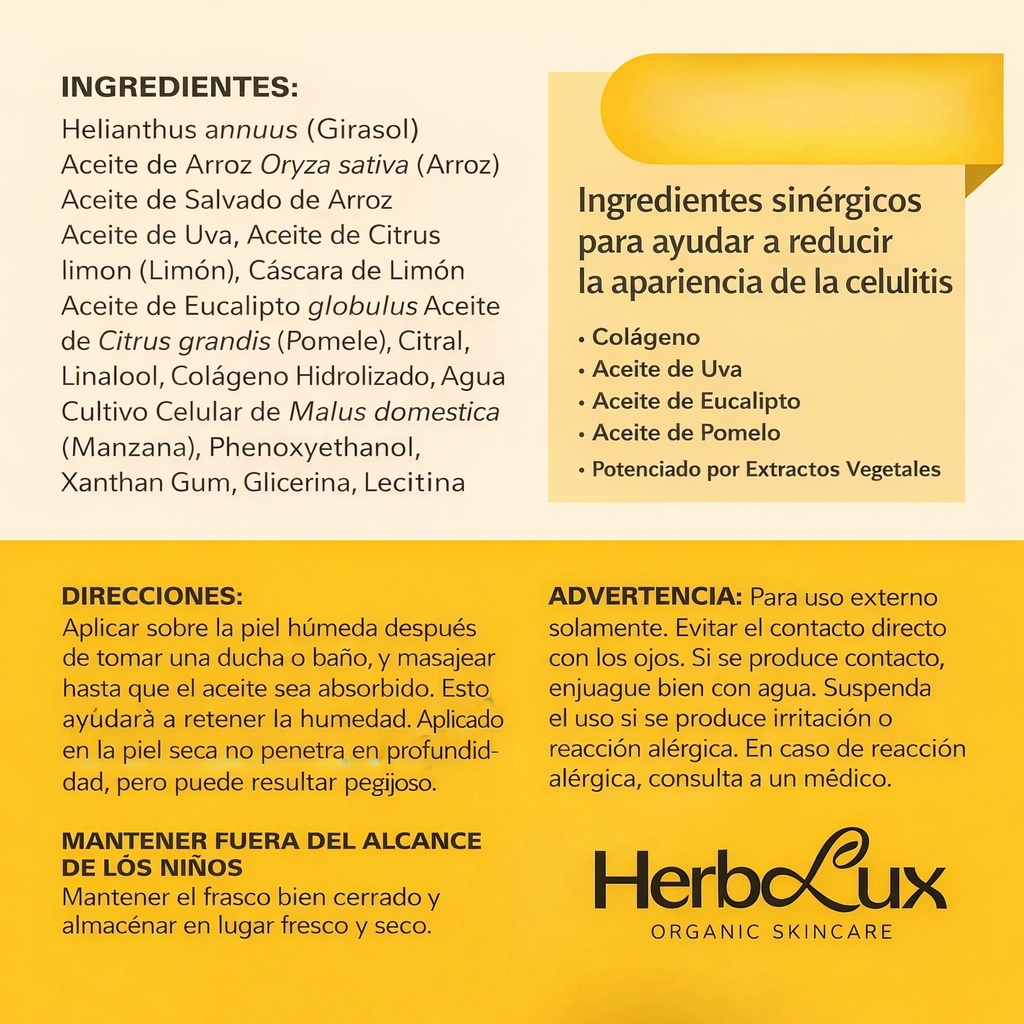 Aceite de masaje anticelulitis infundido con colágeno y células madre. Todos los aceites esenciales naturales. Tratamiento que reafirma los tonos, regenera y humecta los tejidos grasos no deseados - Bote de vidrio
