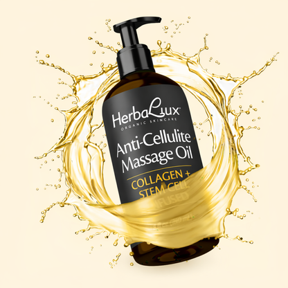 Aceite de masaje anticelulitis infundido con colágeno y células madre. Todos los aceites esenciales naturales. Tratamiento que reafirma los tonos, regenera y humecta los tejidos grasos no deseados - Bote de vidrio