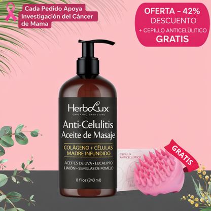 Aceite de masaje anticelulitis infundido con colágeno y células madre. Todos los aceites esenciales naturales. Tratamiento que reafirma los tonos, regenera y humecta los tejidos grasos no deseados - Bote de vidrio